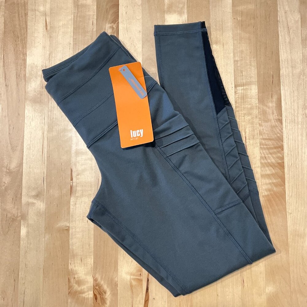 NWT Lucy Perfect Core High Waisted Moto Legging XS Fossil Grey Side Pockets